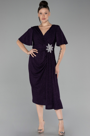 Dark Purple Short Sleeve Midi Glittery Plus Size Cocktail Dress ABK2146