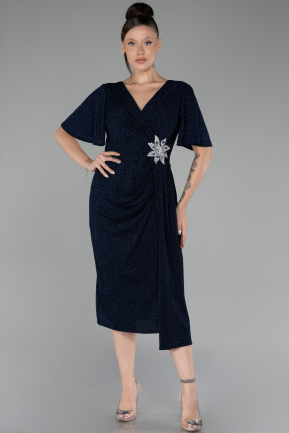 Navy Blue Short Sleeve Midi Glittery Plus Size Cocktail Dress ABK2146