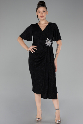 Black Short Sleeve Midi Glittery Plus Size Cocktail Dress ABK2146