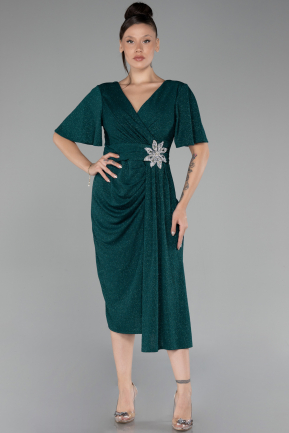 Emerald Green Short Sleeve Midi Glittery Plus Size Cocktail Dress ABK2146