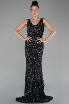 Black Sleeveless Stoned Long Plus Size Prom Gown ABU4008