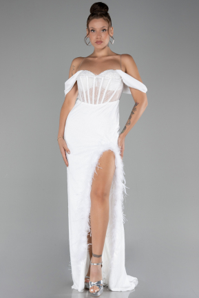 White Slit Underwire Long Lace Evening Gown ABU4270