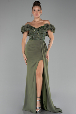 Olive Drab Slit Strap Flowers Long Chiffon Evening Gown ABU4272