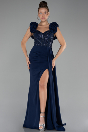 Navy Blue Slit Strap Flowers Long Chiffon Evening Gown ABU4272