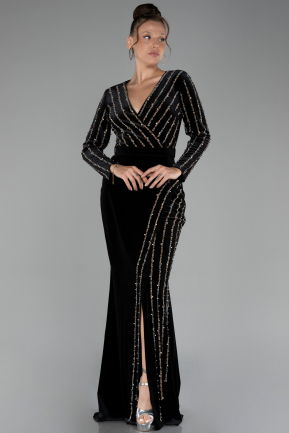 Black Stoned Long Sleeve Velvet Oversized Evening Dress ABU4277