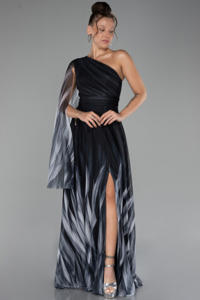 Black One Shoulder Patterned Long Prom Dress ABU4279