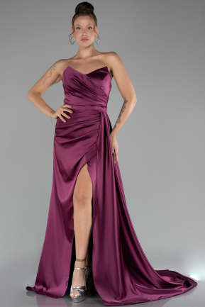 Cherry Colored Strapless Slit Long Satin Prom Gown ABU4093