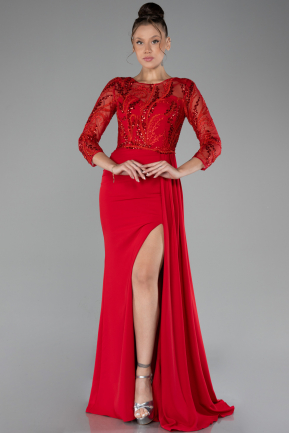 Red Embroidered Capri Sleeve Slit Chiffon Evening Gown ABU4293