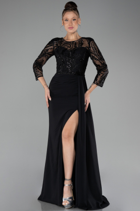 Black Embroidered Capri Sleeve Slit Chiffon Evening Gown ABU4293