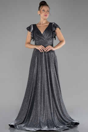 Anthracite Short Sleeve Silvery Long Evening Dress ABU4301