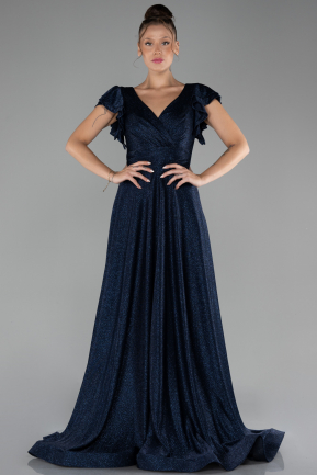 Navy Blue Short Sleeve Silvery Long Evening Dress ABU4301