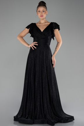 Black Short Sleeve Silvery Long Evening Dress ABU4301