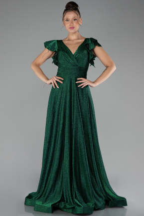 Emerald Green Short Sleeve Silvery Long Evening Dress ABU4301