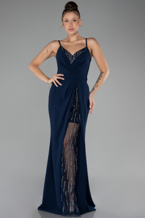 Navy Blue Straps Long Evening Gown ABU4299