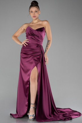 Cherry Colored Strapless Slit Long Satin Prom Gown ABU4093