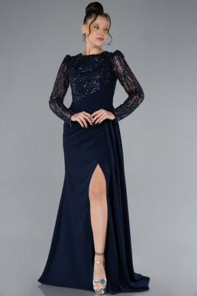 Navy Blue Stoned Long Sleeve Slit Evening Gown ABU4310