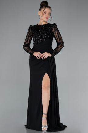 Black Stoned Long Sleeve Slit Evening Gown ABU4310