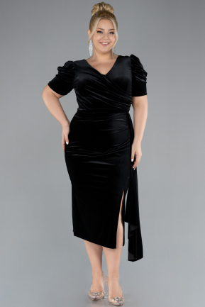 Black Short Sleeve Midi Velvet Invitation Dress ABK2163