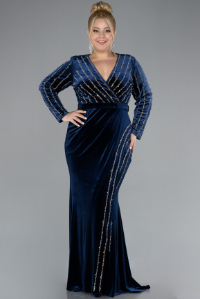 Navy Blue Stoned Long Sleeve Velvet Oversized Evening Dress ABU4277