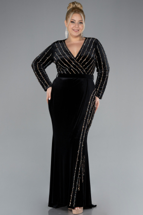 Black Stoned Long Sleeve Velvet Oversized Evening Dress ABU4277