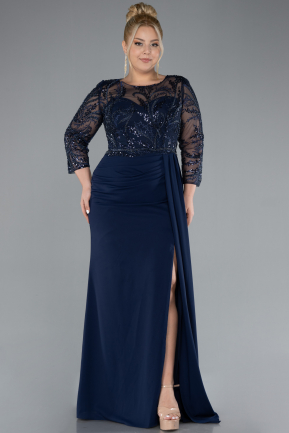 Navy Blue Stoned Capri Sleeve Slit Chiffon Plus Size Evening Gown ABU4294