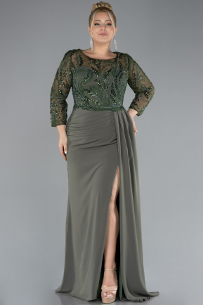 Olive Drab Stoned Capri Sleeve Slit Chiffon Plus Size Evening Gown ABU4294