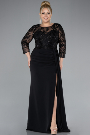 Black Stoned Capri Sleeve Slit Chiffon Plus Size Evening Gown ABU4294