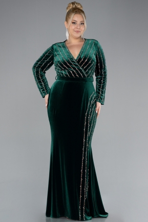 Emerald Green Stoned Long Sleeve Velvet Evening Dress ABU4282