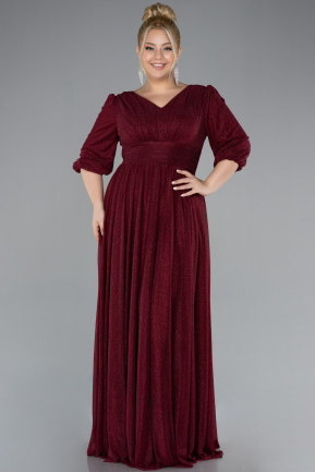 Burgundy Short Sleeve V-Neck Long Glitter Evening Dress ABU4275