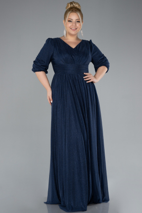 Navy Blue Short Sleeve V-Neck Long Glitter Evening Dress ABU4275