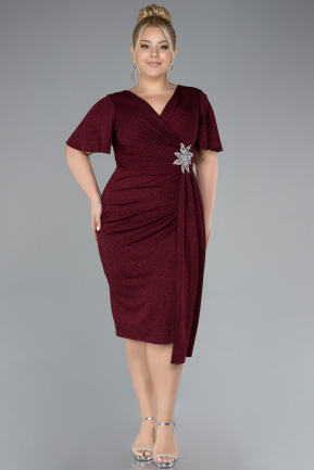 Burgundy Short Sleeve Midi Glittery Plus Size Cocktail Dress ABK2146