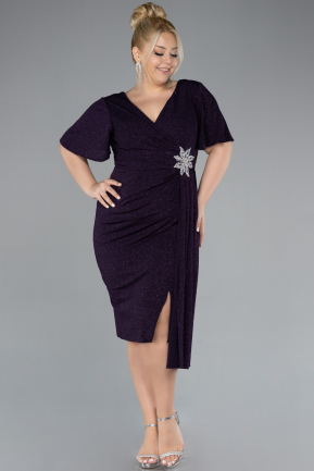 Dark Purple Short Sleeve Midi Glittery Plus Size Cocktail Dress ABK2146