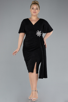 Black Short Sleeve Midi Glittery Plus Size Cocktail Dress ABK2146