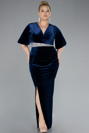 Navy Blue Short Sleeve Slit Long Velvet Plus Size Evening Dress ABU4316