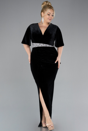 Black Short Sleeve Slit Long Velvet Plus Size Evening Dress ABU4316