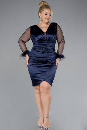 Navy Blue Long Sleeve Short Satin Plus Size Invitation Dress ABK2161