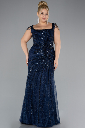 Navy Blue Stone Embroidered Long Plus Size Evening Gown ABU4276