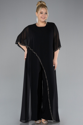 Black Capri Sleeve Long Chiffon Evening Jumpsuit ABT121