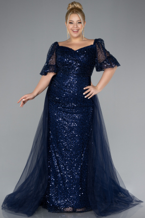 Navy Blue Short Sleeves Long Scaly Plus Size Evening Gown ABU4281