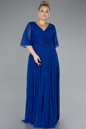 Sax Blue Short Sleeve Plus Size Long Chiffon Evening Dress ABU3991