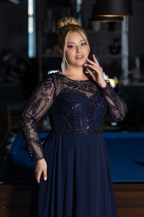 Navy Blue Embroidered Long Sleeve Chiffon Plus Size Evening Gown ABU4312