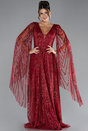 Burgundy Shawl Sleeve V Neck Long Stony Evening Gown ABU4322