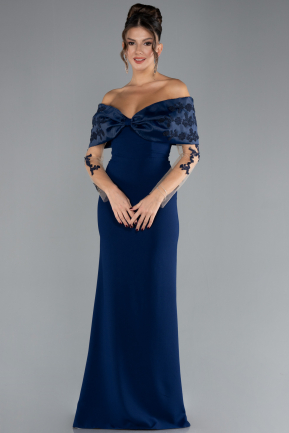 Navy Blue Boat Neck Guipure Long Sleeve Fishtail Evening Dress ABU4343