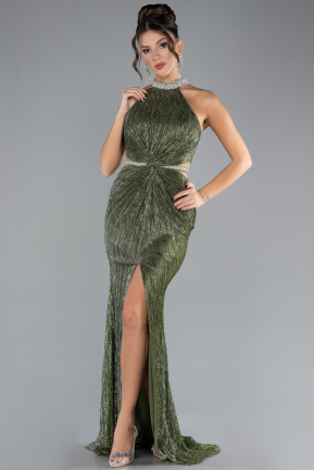 Olive Drab Halter Neck Slit Long Evening Gown ABU4324