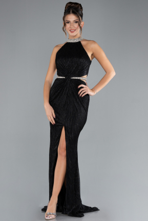 Black Halter Neck Slit Long Evening Gown ABU4324