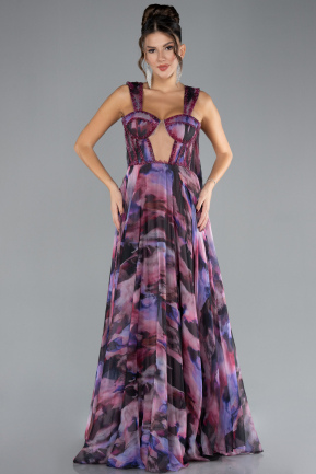 Purple Strappy Long Patterned Prom Dress ABU4326