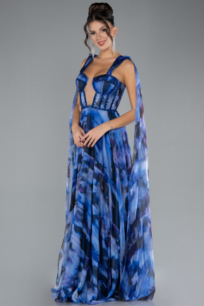 Sax Blue Strappy Long Patterned Prom Dress ABU4326