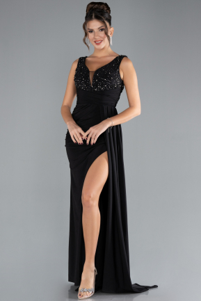 Black Stoned Top Sleeveless Slit Long Evening Gown ABU4331