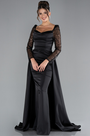 Black Sequin Long Sleeves Tail Satin Mermaid Evening Gown ABU4332