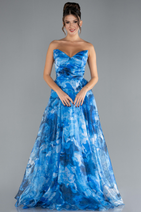 Indigo Strapless Long Patterned Prom Gown ABU4336